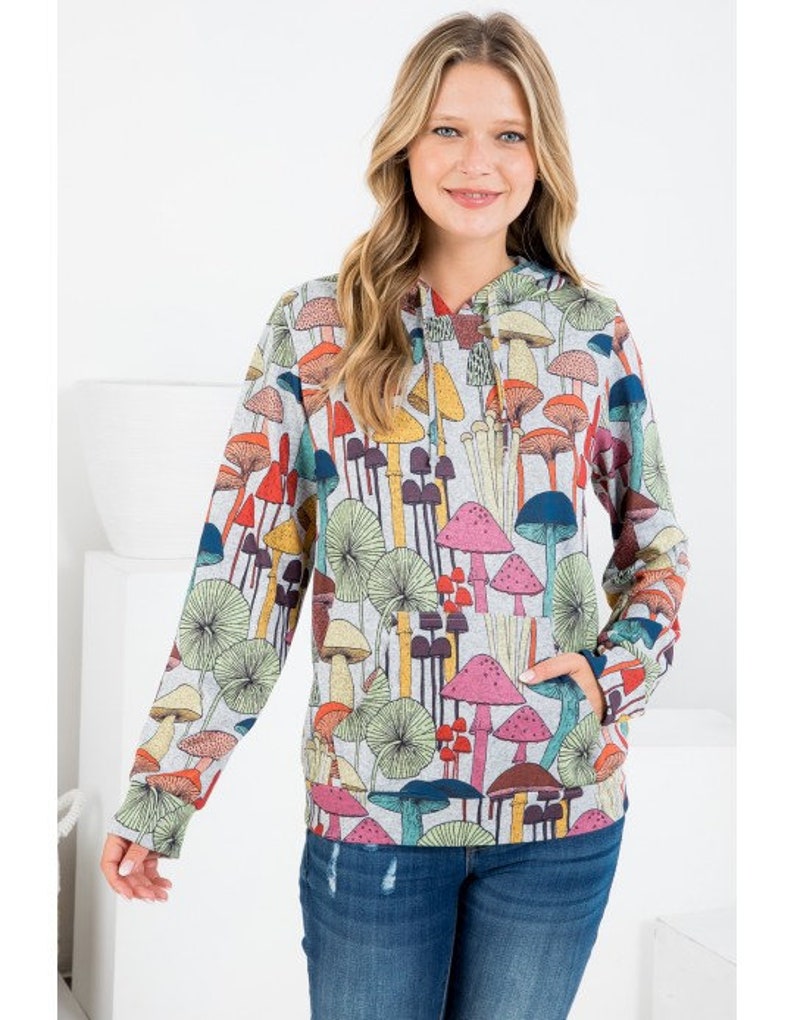 funky fresh magic mushroom colorful print hoodie in grey background