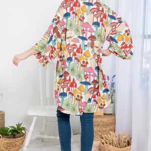 yellow, green, red, blue, pink mushroom print on white kimono