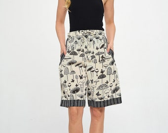 Unisex Mushroom Print Cotton Shorts with Pockets