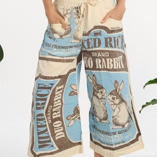 Bawełniane spodnie z nadrukiem w stylu vintage, z szerokimi nogawkami, 100% bawełny, rozmiar uniwersalny