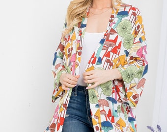 All-Over Mushroom Kimono - Free Size (Small to 1XL) in Black and White. Perfect for Mushroom lovers, festivals, beach, spring, home.