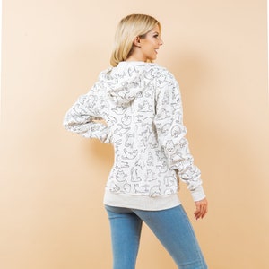 fleece lined zipper hoodie in light grey with cat yoga prints all over