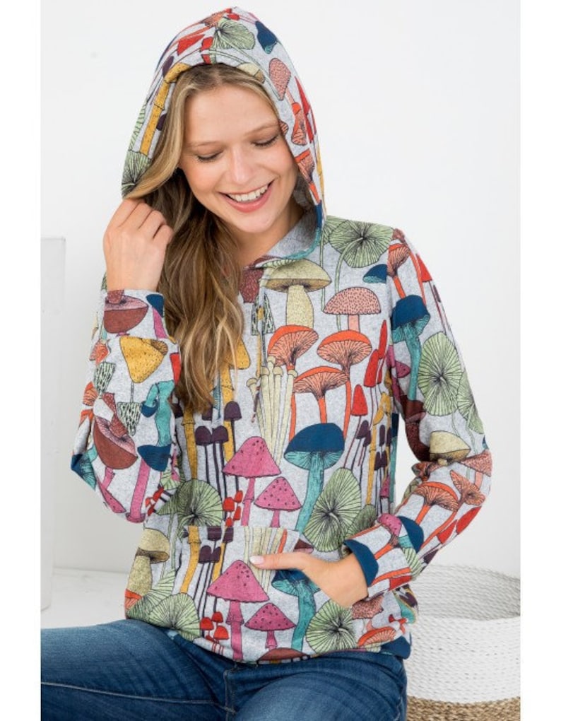 unisex colorful all over mystic mushroom hoodie in grey