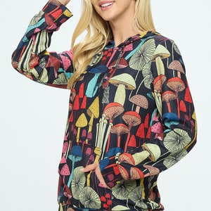 black hoodie with colorful mystic mushroom print all over genderless