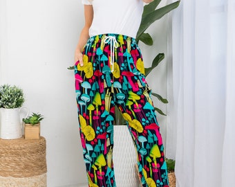 Free Size Rayon Drawstring Pants with Fun Mushroom Print (Blue, Purple, Natural)