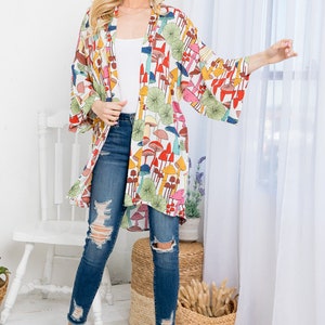 yellow, green, red, blue, pink mushroom print kimono