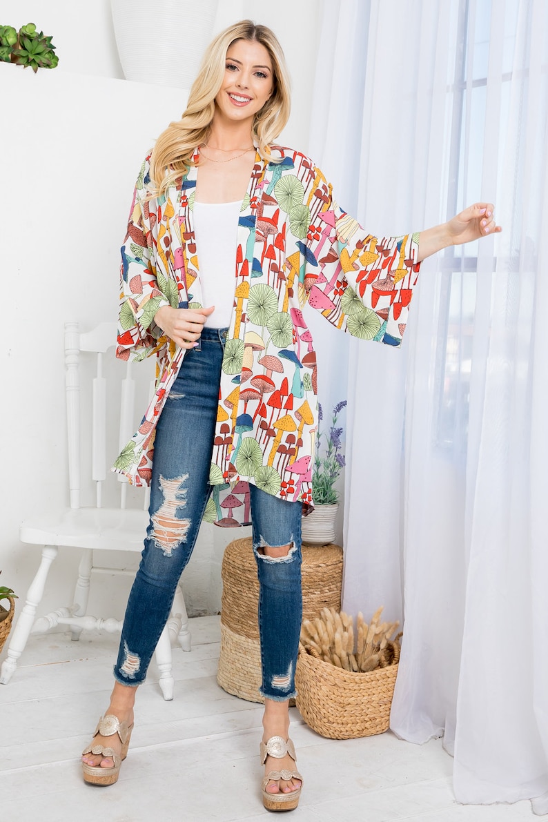 yellow, green, red, blue, pink mushroom print kimono