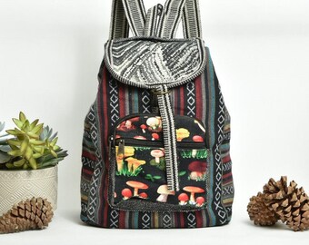 Mushroom Garden Bag, Enchanted Forest Bag, Colorful Hemp Backpack - 13 Inches - Eco-Friendly, Tribal and Stylish - Magic Mushroom Bag