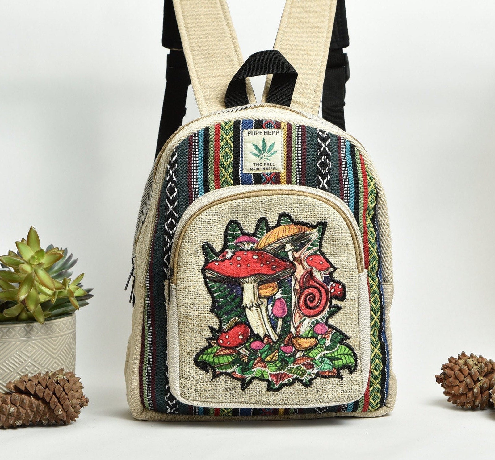Mushroom Forest Hemp Backpack: Handmade Fair Trade Bag - 13  display picture 2