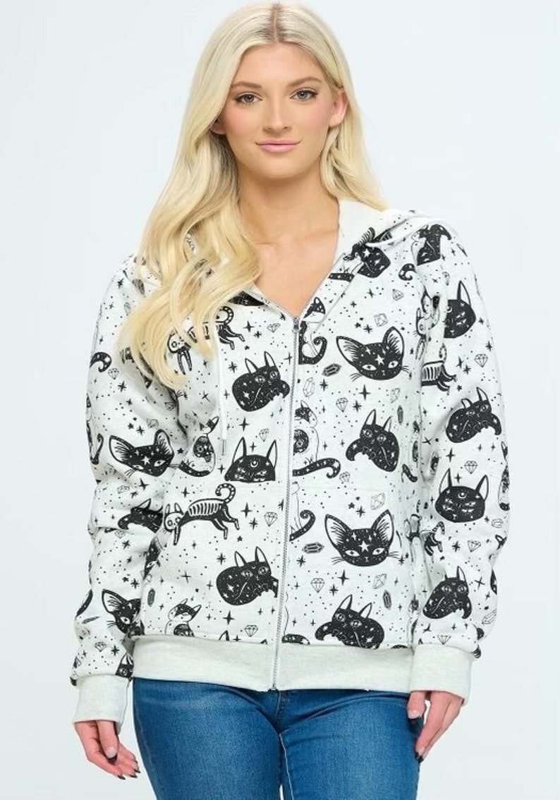 women fleece lined cat print zipper hoodie