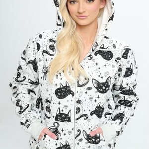 fleece lined cat and cystals print zipper hoodie