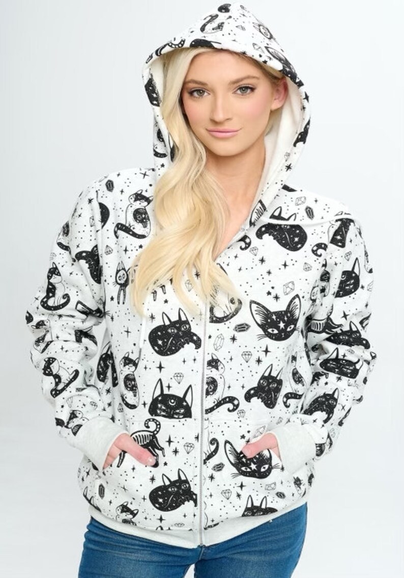 fleece lined cat and cystals print zipper hoodie