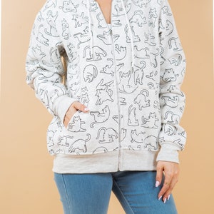 fleece lined zipper hoodie in light grey with cat yoga prints all over