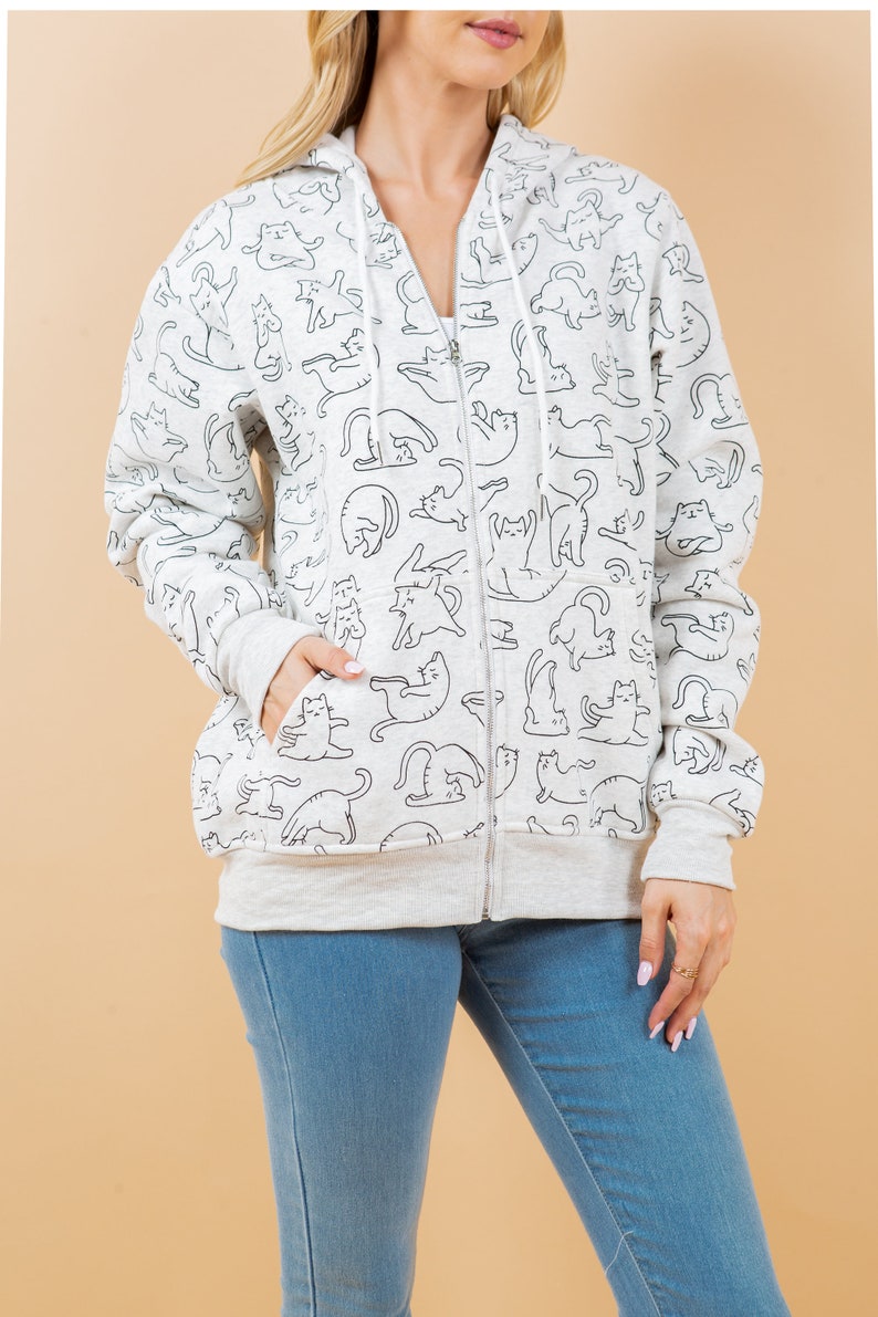 fleece lined zipper hoodie in light grey with cat yoga prints all over