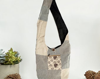 Mushroom Print Patchwork Hobo Bag | Cotton + Hemp Fabric | Handmade in Nepal