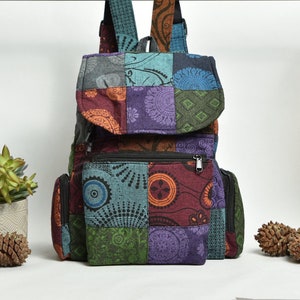 Unique Himalayan Mixed Patch Design Handmade 100% Cotton Festival Backpack - 15 Inches - Made in Nepal