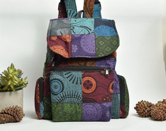 Unique Himalayan Mixed Patch Design Handmade 100% Cotton Festival Backpack - 15 Inches - Made in Nepal