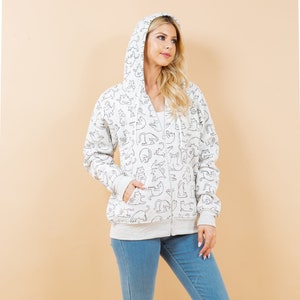 fleece lined zipper hoodie in light grey with cat yoga prints all over