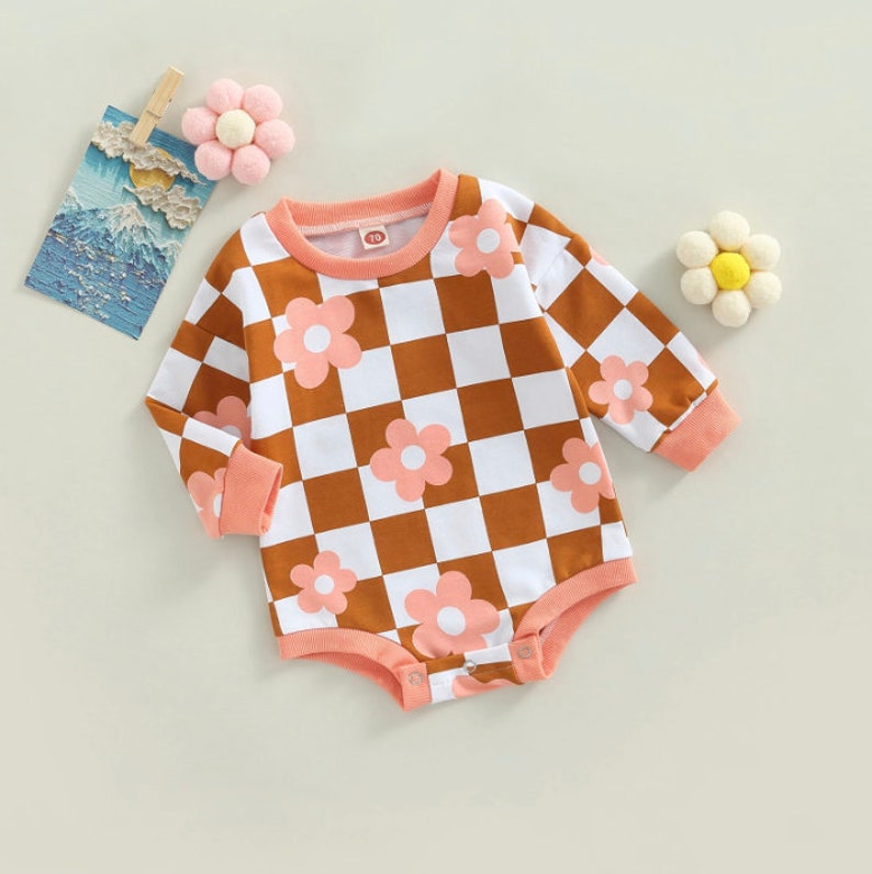 Daisy & Checkered Baby Girl Romper Retro Baby Outfit Groovy Etsy