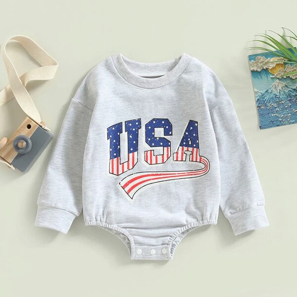 Baby Girl 4th Of July Outfit - USA Denim Romper With Patriotic Design