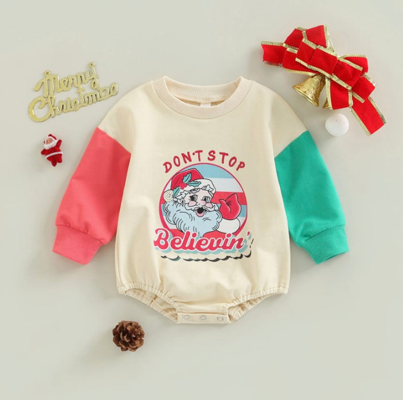 Don't Stop Believin' Baby Romper, Christmas Baby Outfit, Christmas Baby Romper, First Christmas Outfit, Christmas Baby Announcement, Retro 