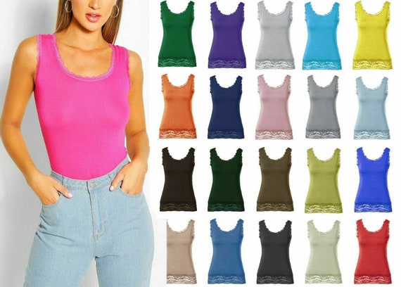 Ladies Plain Camisole Vest Layering Top Lace Trim Neck Cami - Etsy