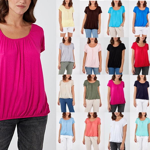 Women's Plain Gypsy Scoop Neck Elastic waist Cap Sleeve Loose fit Balloon Top