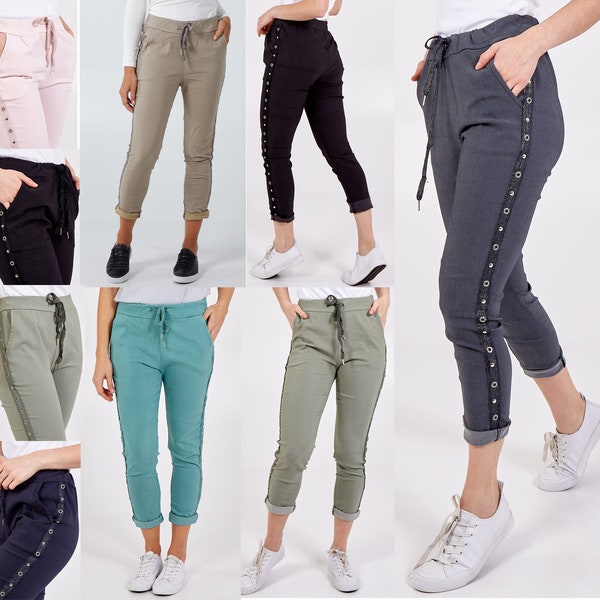 Womens Magic Studded Side Panel Trousers Casual Stretch Lightweight Italian Joggers Pants UK Sizes