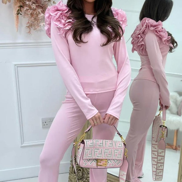 Womens 2 Pc Frill Shoulder Long Sleeves Loungewear Suit Ladies Round Neck Casual Comfy Two Piece Tracksuit