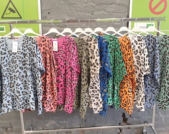 Damen Italienischer Leopard Muster Lagenlook Fledermaus Baumwolle Leinen Leichtes Oversized Lässige Tunika Bluse Top