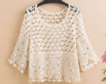 Women Hollow Crochet Crop Top Knit Pullover Half Sleeve Bolero Beach Cover Up