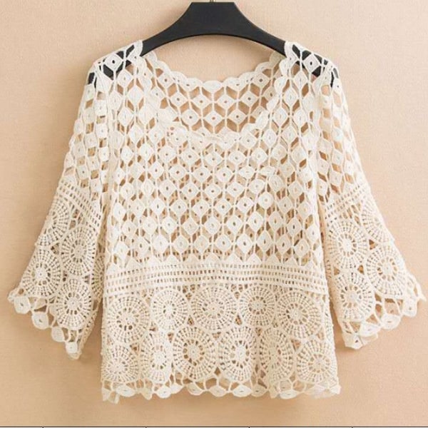 Women Hollow Crochet Crop Top Knit Pullover Half Sleeve Bolero Beach Cover Up