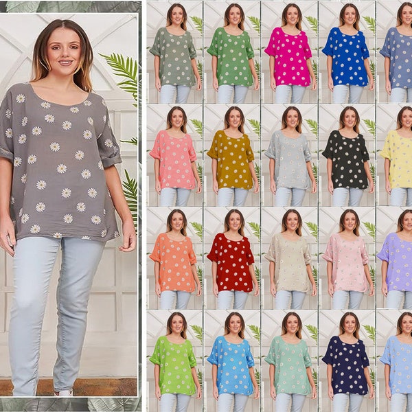 Ladies Italian Quirk Lagenlook daisy print Linen Mix Lightweight Casual Tunic crop top