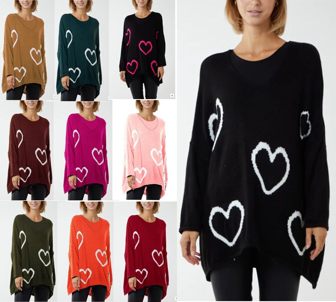 Women Heart Print Knitted Oversized Lagenlook Jumper Ladies Sweater Hi