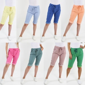 Womens Magic Shorts Italian plain stretch chino Lagenlook Ladies Casual Stretch Jogger Style Trouser crushed casual jogger drawstring shorts