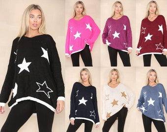 Dames Starlight Star Print gebreide trui Pullover katoenen dip zoom V-hals oversized top UK ONE SIZE 10-24