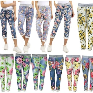 Women s Ladies Daisy Print Italian Trousers Casual Joggers Jogging