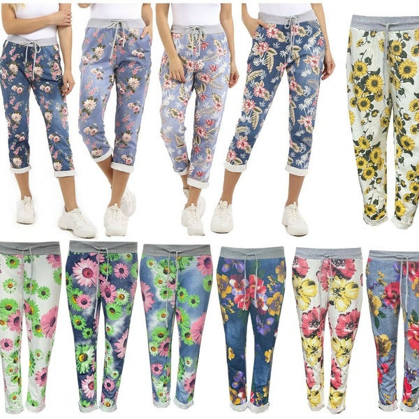 Women's Ladies Daisy Print Italian Trousers Casual Joggers Jogging Bottoms Pants