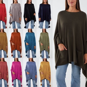 Women's Italian Oversized Boxy Batwing Tassels Poncho Ladies Pocket Knitted Sweater Cape Shawl Plus Size