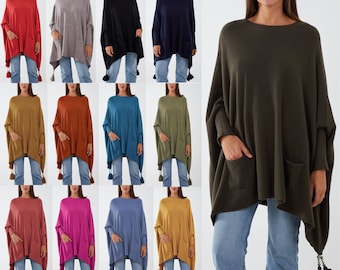 Women's Italian Oversized Boxy Batwing Tassels Poncho Ladies Pocket Knitted Sweater Cape Shawl Plus Size