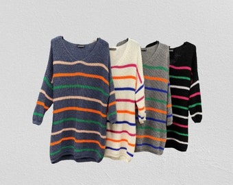 Womens V Neck Lightweight Multicolor Striped Knit Pullover Sweater, Ladies Long Sleeves Drop Shoulder knit Jumper