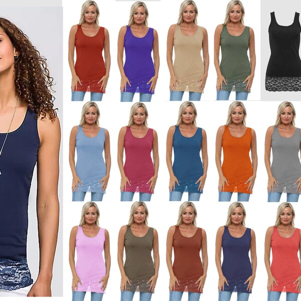 Damen Ärmelloses Basic Spitzenbesatz Tank Top Damen Spitze Weste Singlet Jersey Tunika Sommer T-Shirt 14-20