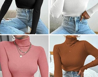 Women's Sweater Turtleneck Solid Ribbed Knitted Tops  Ladies Polo Neck Roll Neck Turtle High Neck Plain Long Sleeve Knitted Pullover Jumper