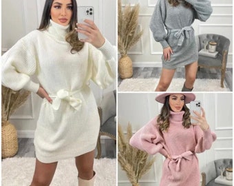 Women's Ladies Knitted Balloon Long Sleeve Polo Neck Belt Jumper Dress,  Ladies Sweater Dress, Women's Jumper