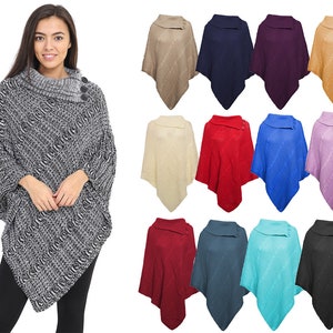 Womens Ladies Cable Knitted Poncho Sweater Jumper Collared Neck Winter Shawl Plus Size