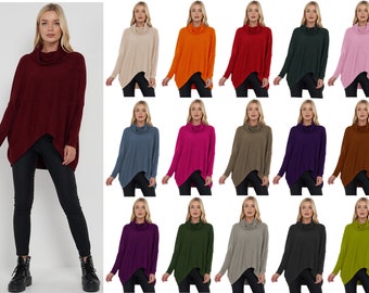 Women Italian Cowl Neck Batwing Top Long Sleeve Tunic Blouse Ladies Pullover Fine Knit Baggy Jumper Tops