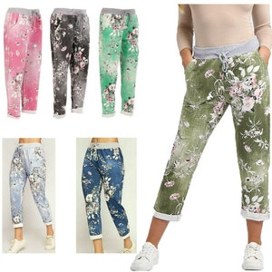 Womens Ladies Floral Print Italian Trousers Jogging Bottom Pants Casual Joggers