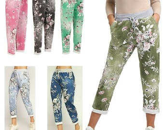 Womens Ladies Floral Print Italian Trousers Jogging Bottom Pants Casual Joggers