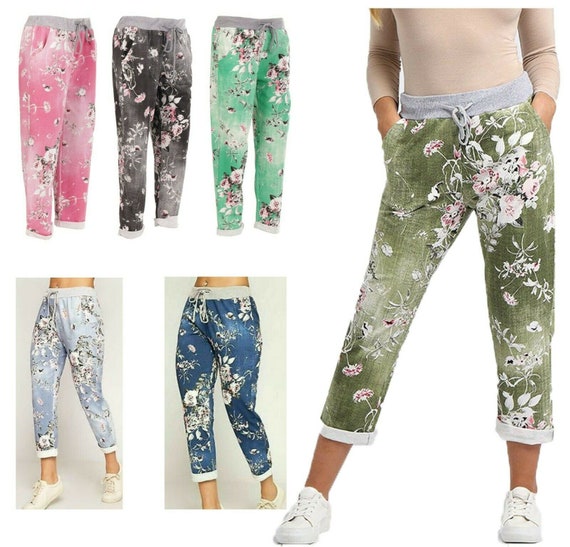 Womens Ladies Floral Print Italian Trousers Jogging Bottom Pants