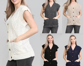 Women's Sleeveless Button-Up Waistcoat, Sleeveless Knit Cardigan, Ladies Knitted Vest, Winter Fashion, Layering Essential